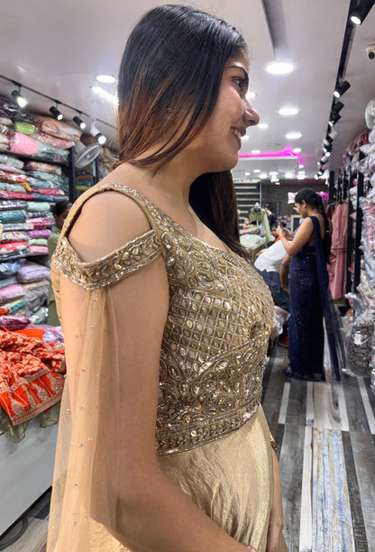 Off Shoulder Hand Work Full Flare Gown in Organza Silk with Long Dupatta Style Sleeves