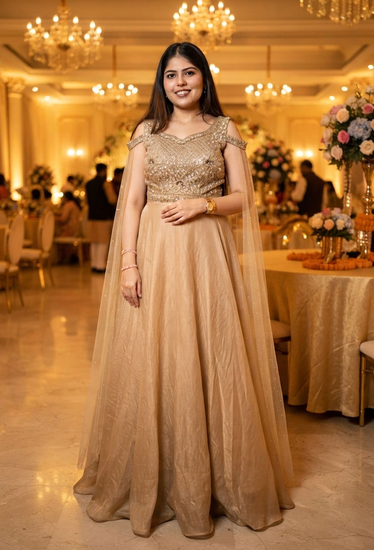 Off Shoulder Hand Work Full Flare Gown in Organza Silk with Long Dupatta Style Sleeves