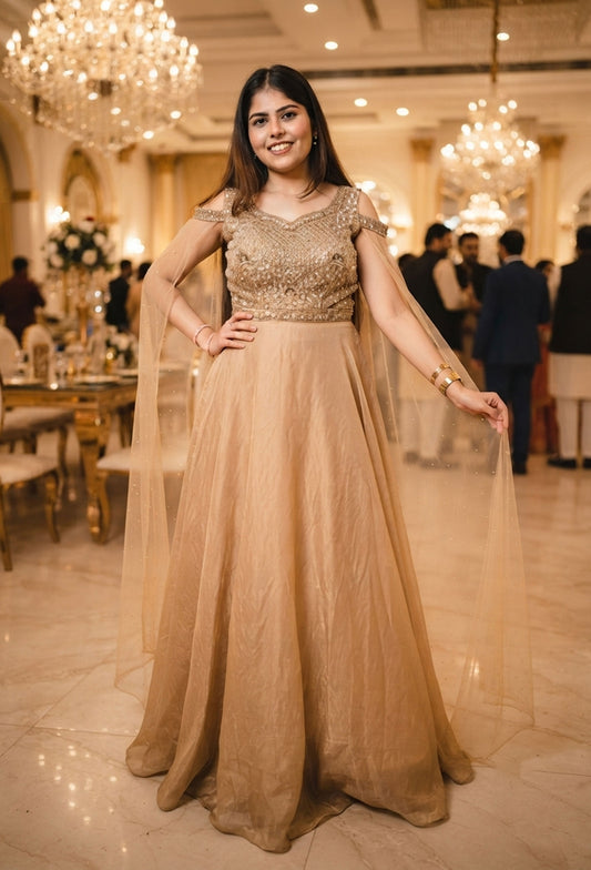 Off Shoulder Hand Work Full Flare Gown in Organza Silk with Long Dupatta Style Sleeves