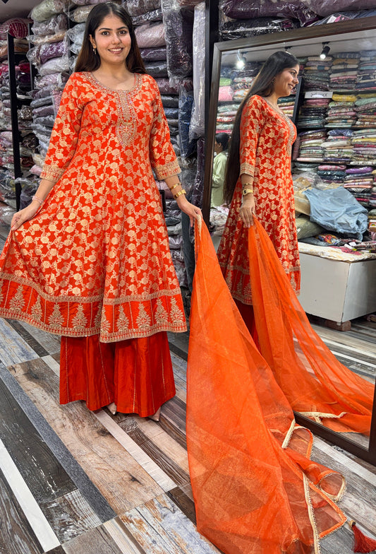 Pure Banarasi Long Anarkali with Flared Silk Palazzo & Net Dupatta