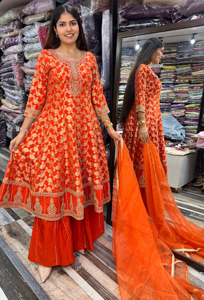 Pure Banarasi Long Anarkali with Flared Silk Palazzo & Net Dupatta