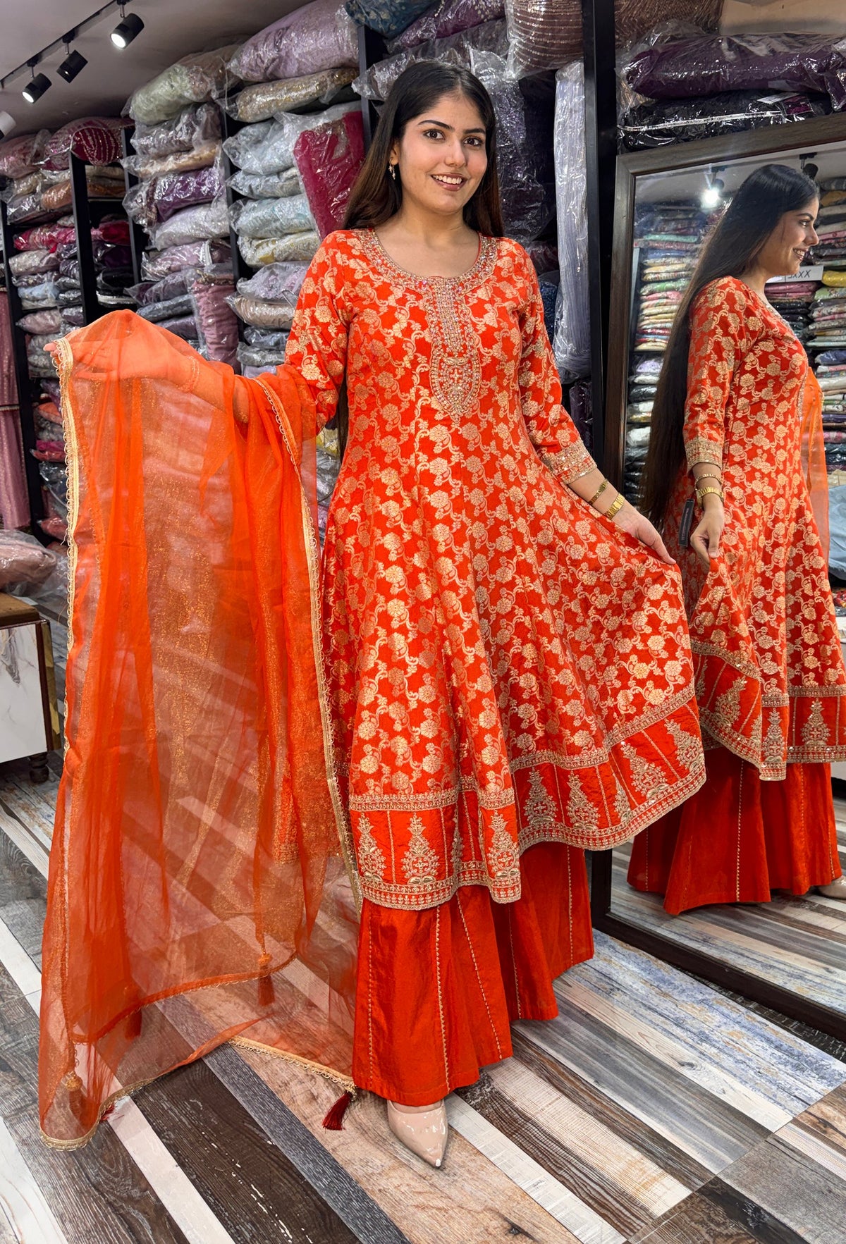 Pure Banarasi Long Anarkali with Flared Silk Palazzo & Net Dupatta
