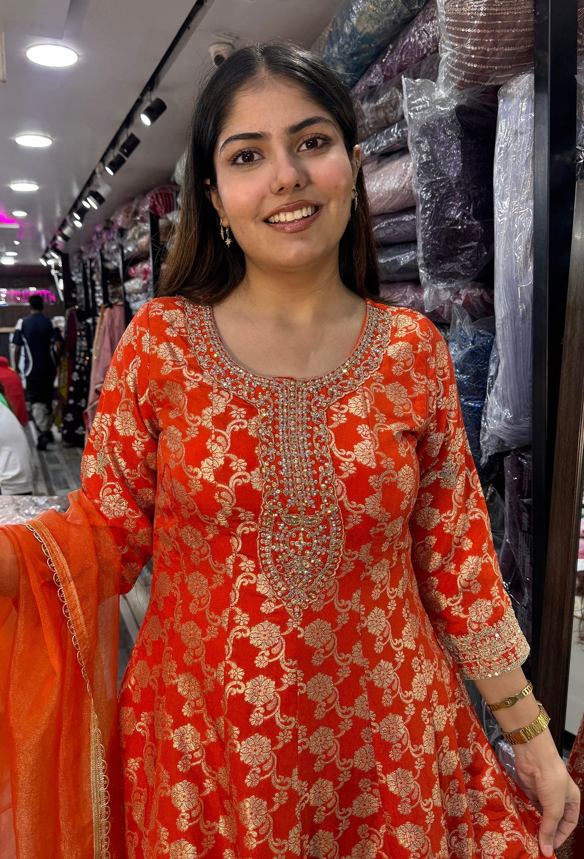 Pure Banarasi Long Anarkali with Flared Silk Palazzo & Net Dupatta