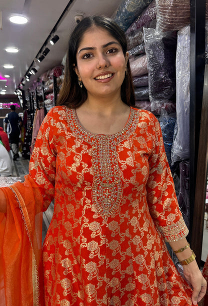 Pure Banarasi Long Anarkali with Flared Silk Palazzo & Net Dupatta