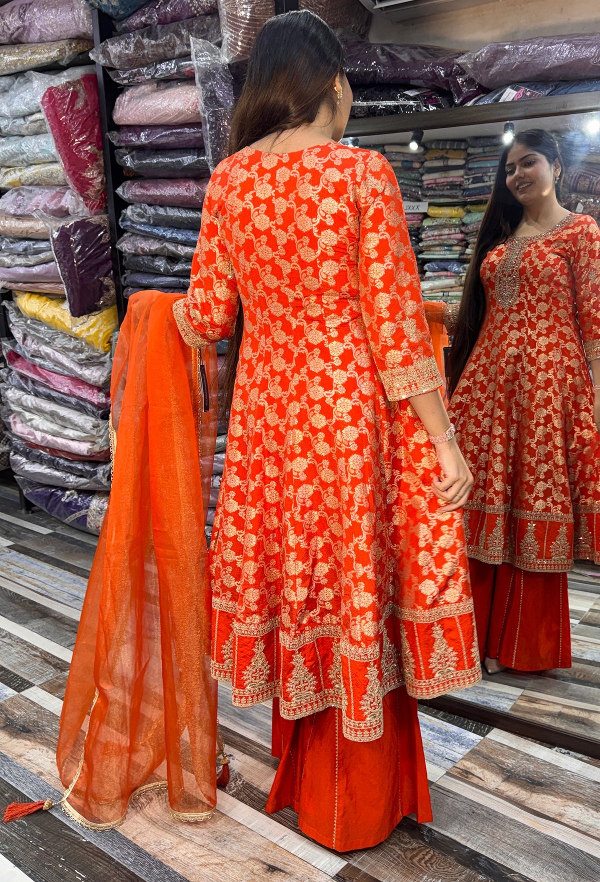 Pure Banarasi Long Anarkali with Flared Silk Palazzo & Net Dupatta