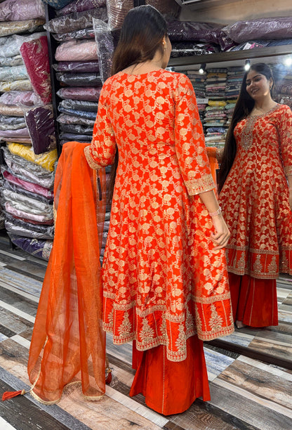 Pure Banarasi Long Anarkali with Flared Silk Palazzo & Net Dupatta