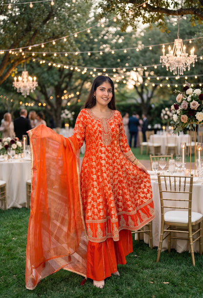 Pure Banarasi Long Anarkali with Flared Silk Palazzo & Net Dupatta