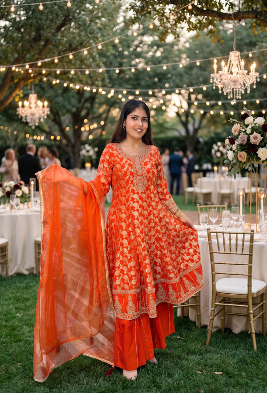 Pure Banarasi Long Anarkali with Flared Silk Palazzo & Net Dupatta