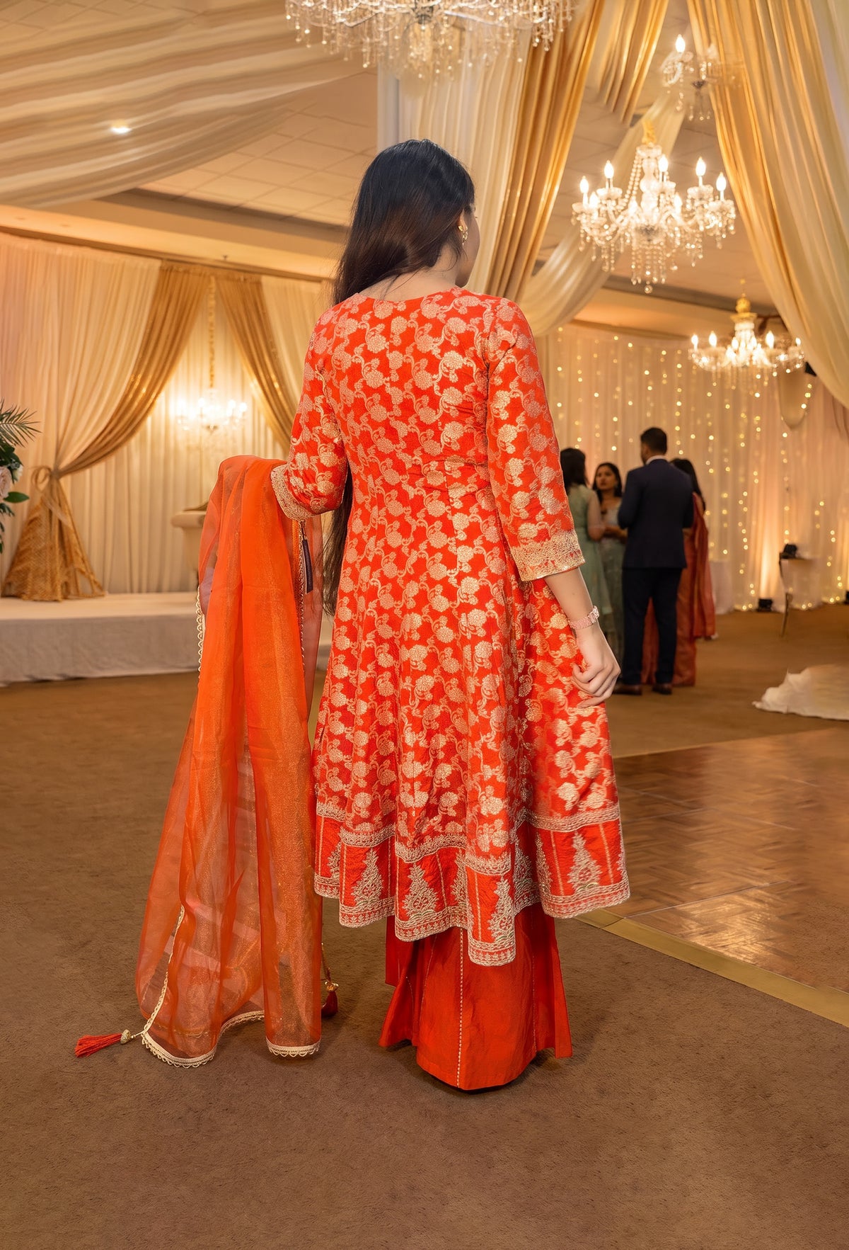 Pure Banarasi Long Anarkali with Flared Silk Palazzo & Net Dupatta