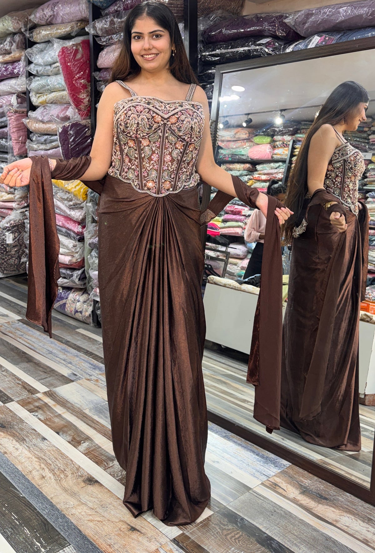 Corset Style Indo Western Dress with Cowl Skirt & Spaghetti Blouse with Choker Dupatta