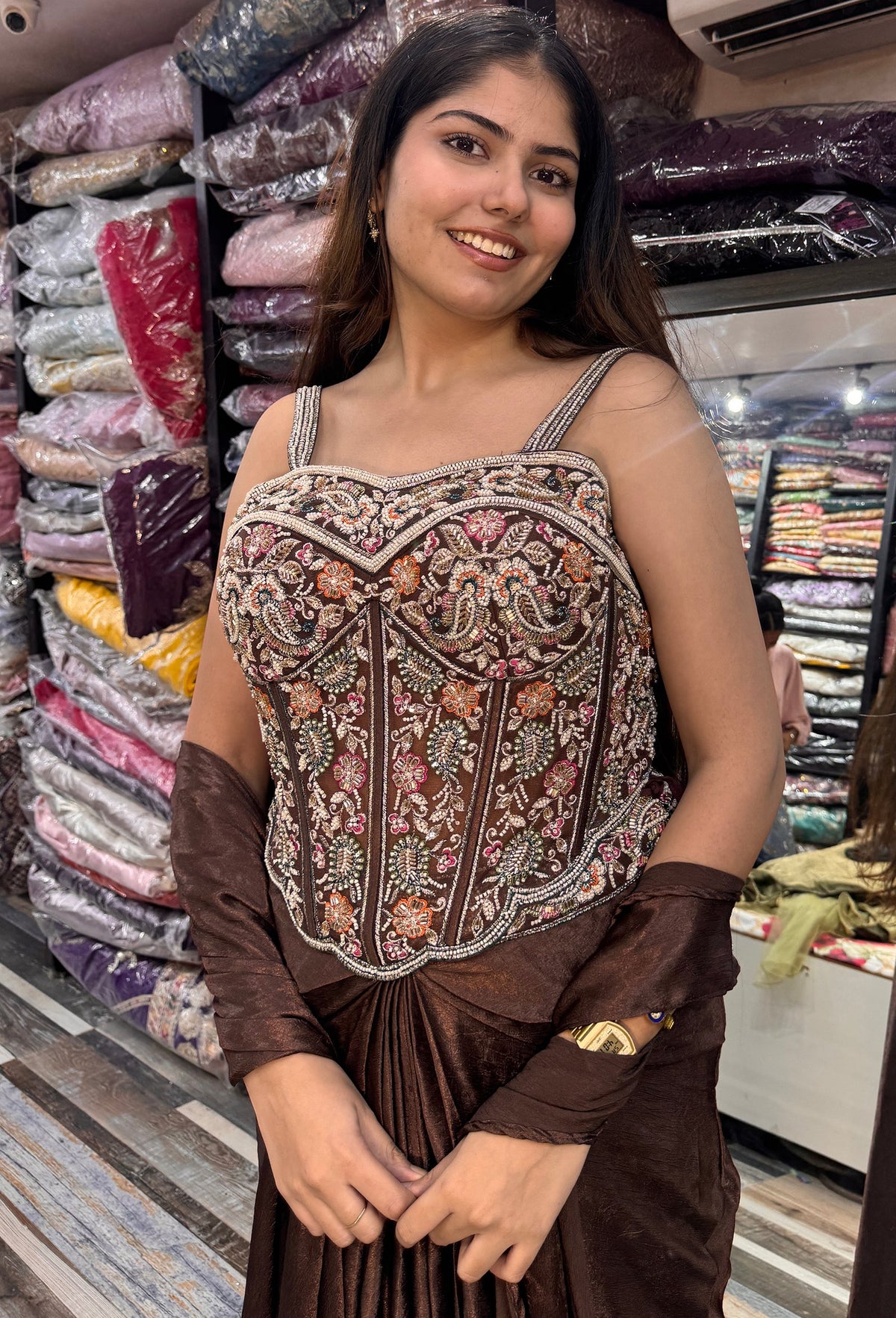 Corset Style Indo Western Dress with Cowl Skirt & Spaghetti Blouse with Choker Dupatta