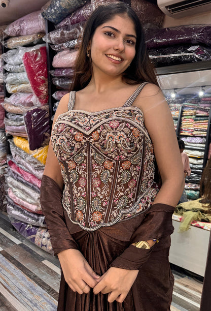 Corset Style Indo Western Dress with Cowl Skirt & Spaghetti Blouse with Choker Dupatta