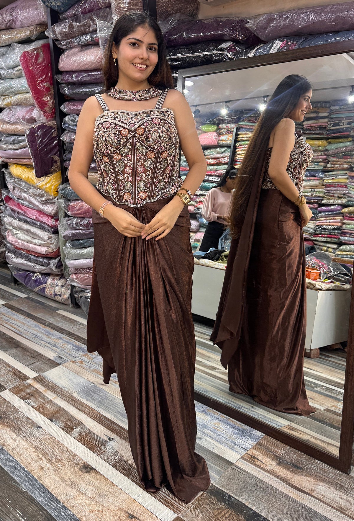 Corset Style Indo Western Dress with Cowl Skirt & Spaghetti Blouse with Choker Dupatta