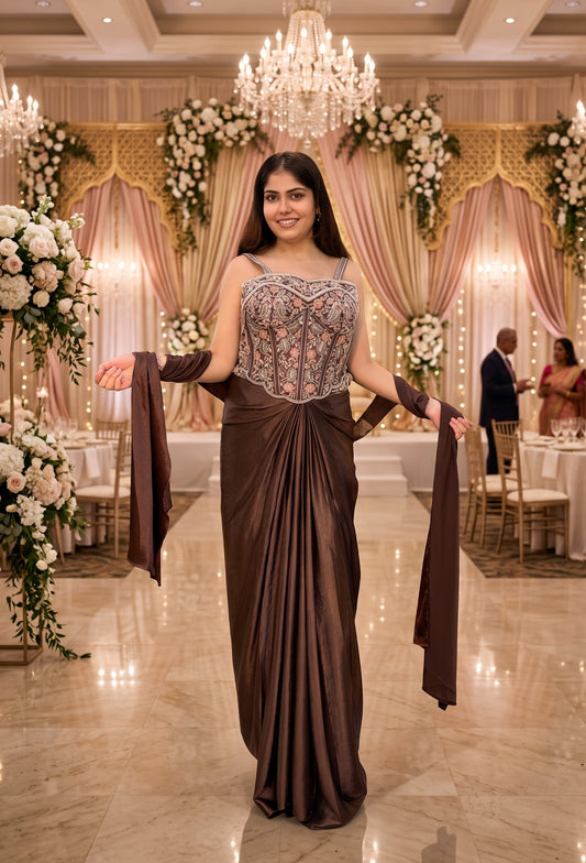 Corset Style Indo Western Dress with Cowl Skirt & Spaghetti Blouse with Choker Dupatta