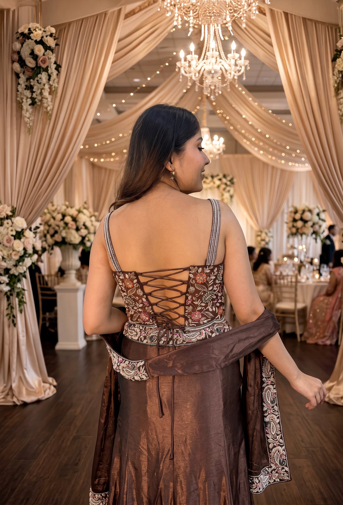 Corset Style Indo Western Dress with Cowl Skirt & Spaghetti Blouse with Choker Dupatta