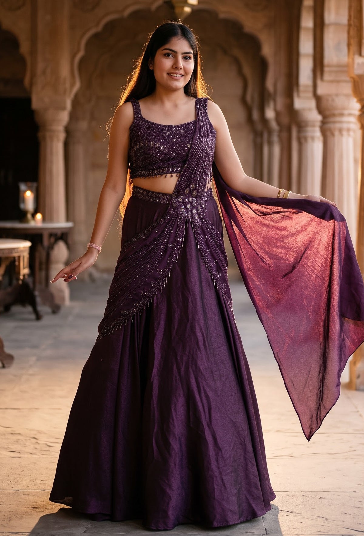 Designer Hand Work Crop Top & Skirt Set with Connected Drape in Imported Silk