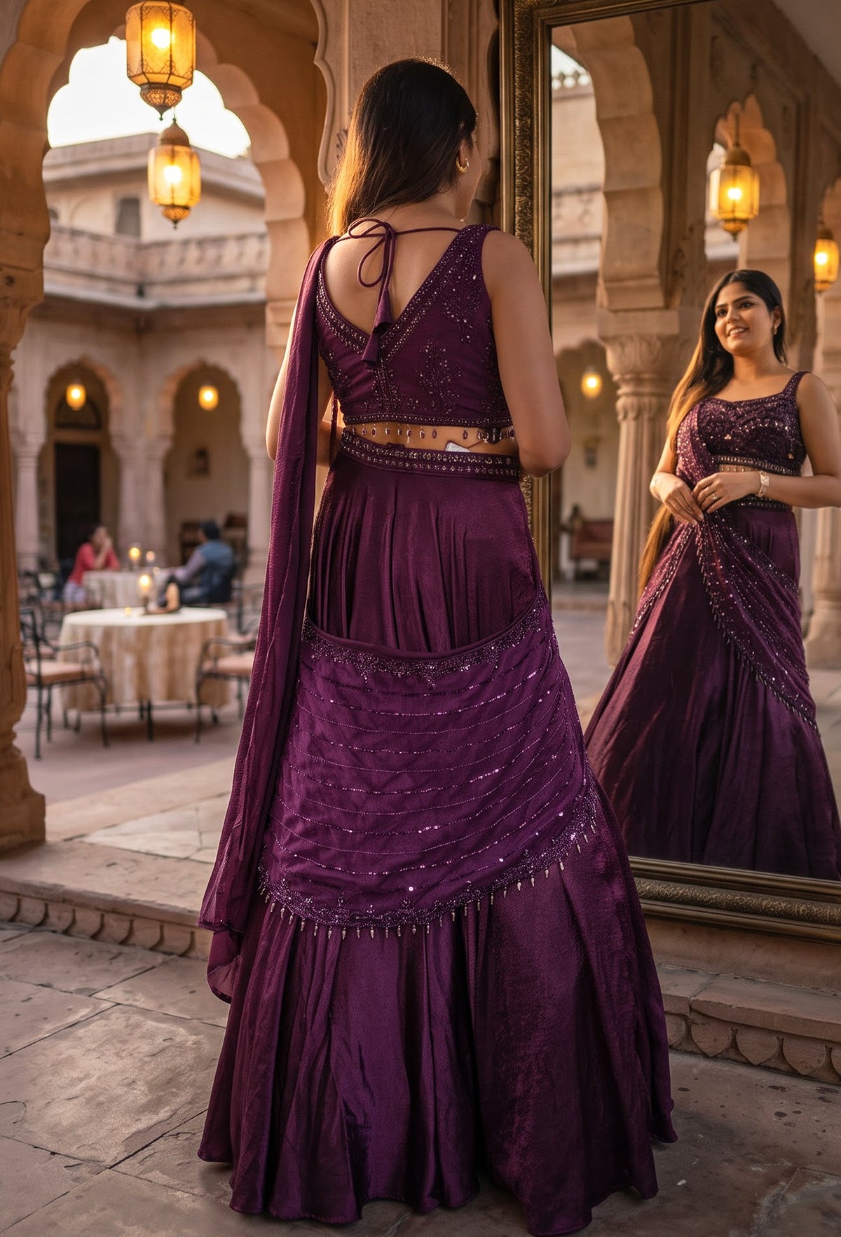 Designer Hand Work Crop Top & Skirt Set with Connected Drape in Imported Silk