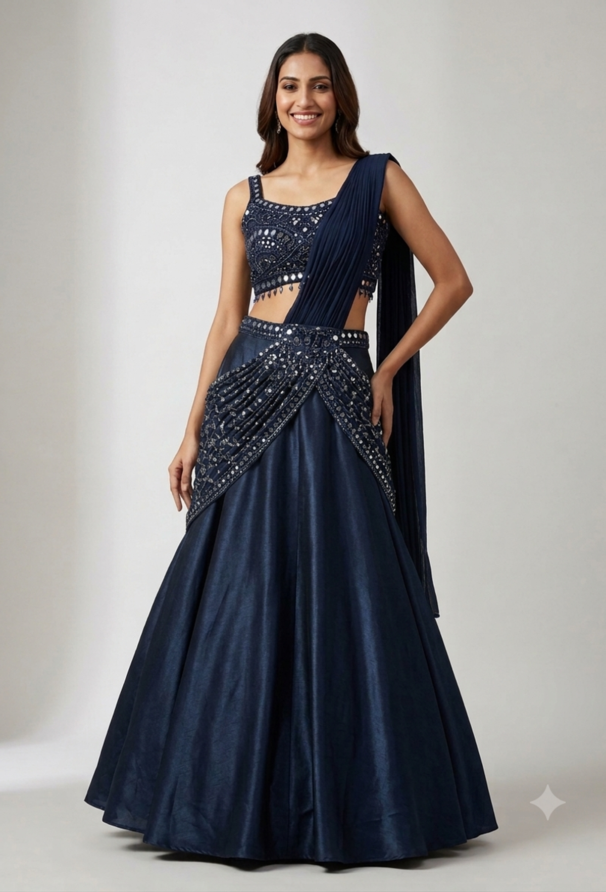 Designer Hand Work Crop Top & Skirt Set with Connected Drape in Imported Silk