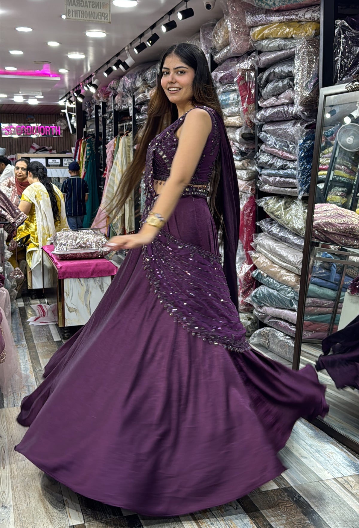 Designer Hand Work Crop Top & Skirt Set with Connected Drape in Imported Silk