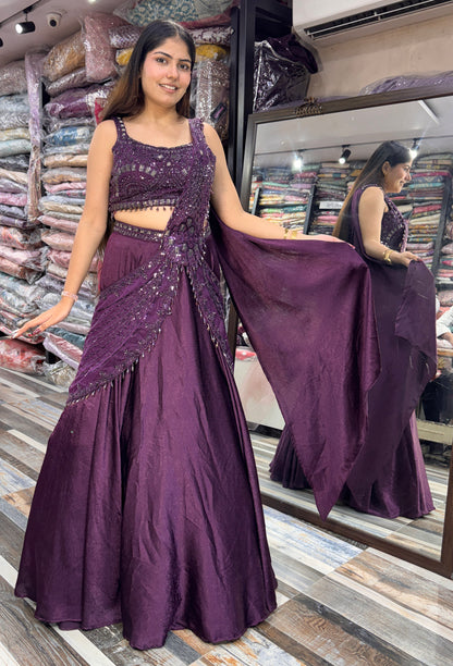 Designer Hand Work Crop Top & Skirt Set with Connected Drape in Imported Silk
