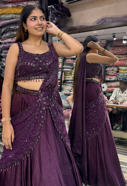 Designer Hand Work Crop Top & Skirt Set with Connected Drape in Imported Silk