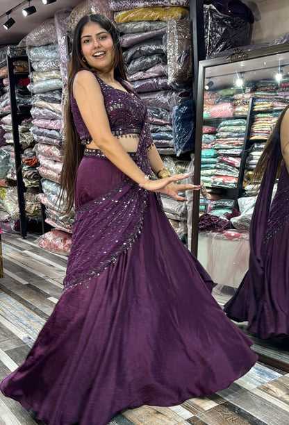 Designer Hand Work Crop Top & Skirt Set with Connected Drape in Imported Silk