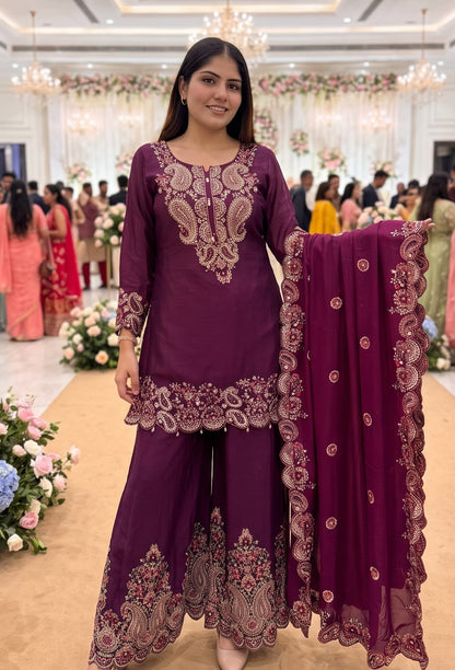 Designer Chinnon Silk Multi-Thread Embroidered Sharara Suit with Dupatta