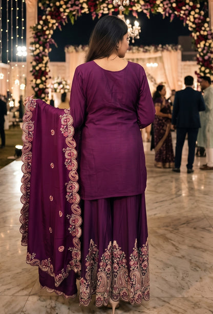 Designer Chinnon Silk Multi-Thread Embroidered Sharara Suit with Dupatta