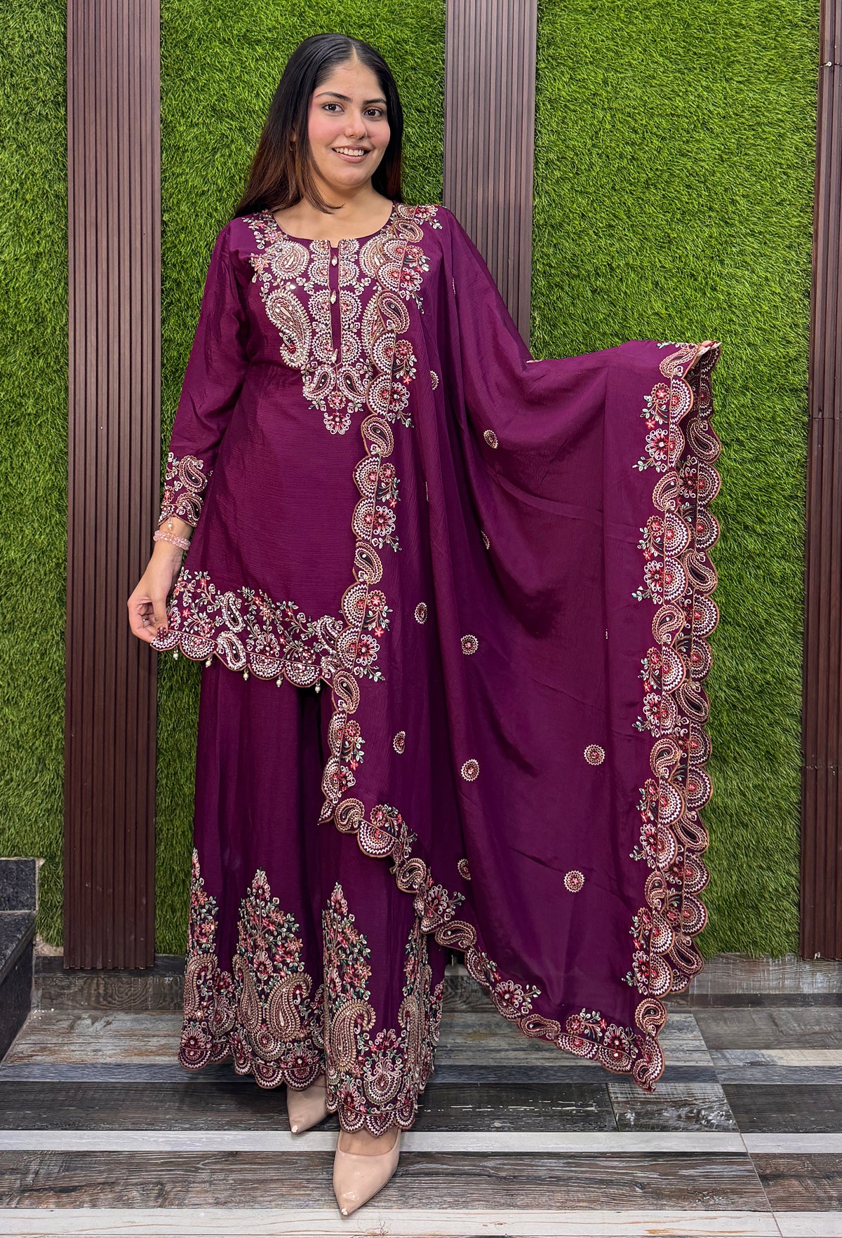 Designer Chinnon Silk Multi-Thread Embroidered Sharara Suit with Dupatta