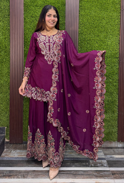 Designer Chinnon Silk Multi-Thread Embroidered Sharara Suit with Dupatta