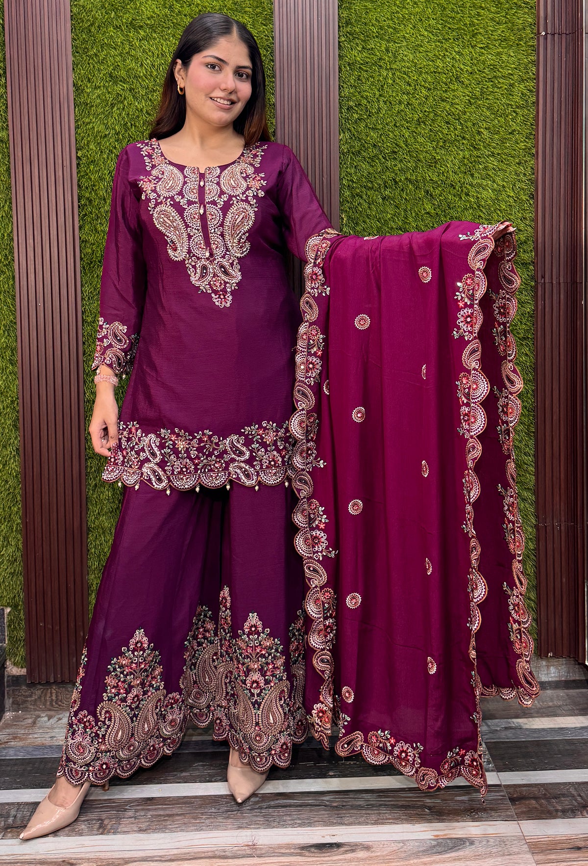 Designer Chinnon Silk Multi-Thread Embroidered Sharara Suit with Dupatta