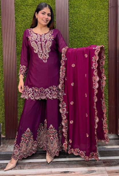 Designer Chinnon Silk Multi-Thread Embroidered Sharara Suit with Dupatta