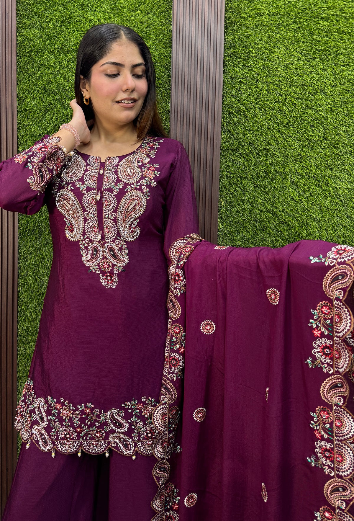 Designer Chinnon Silk Multi-Thread Embroidered Sharara Suit with Dupatta