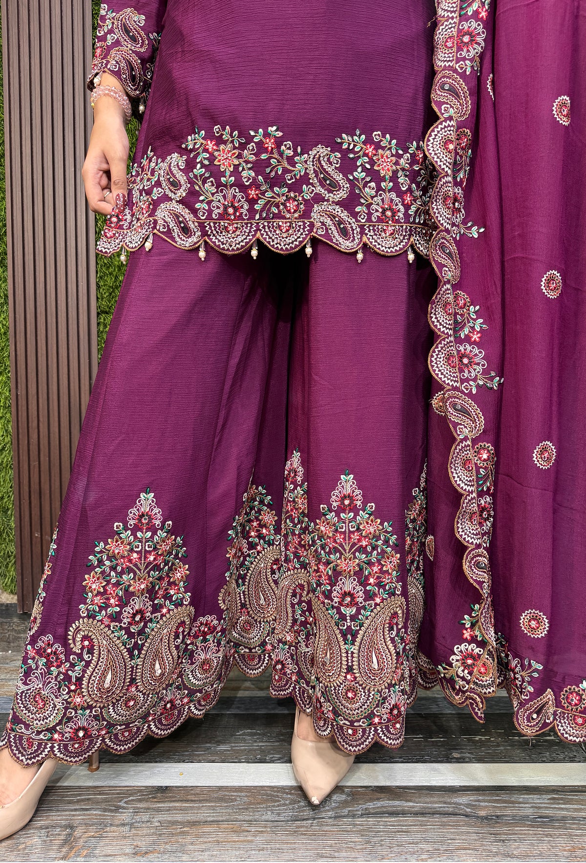 Designer Chinnon Silk Multi-Thread Embroidered Sharara Suit with Dupatta