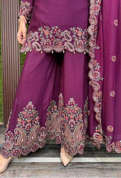 Designer Chinnon Silk Multi-Thread Embroidered Sharara Suit with Dupatta