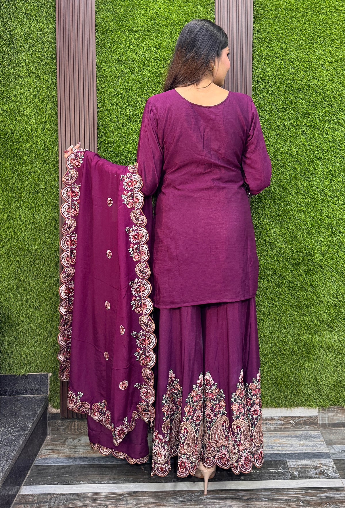 Designer Chinnon Silk Multi-Thread Embroidered Sharara Suit with Dupatta