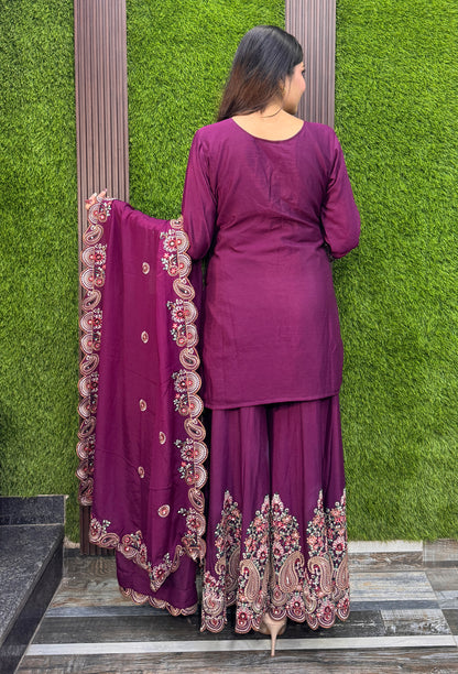 Designer Chinnon Silk Multi-Thread Embroidered Sharara Suit with Dupatta