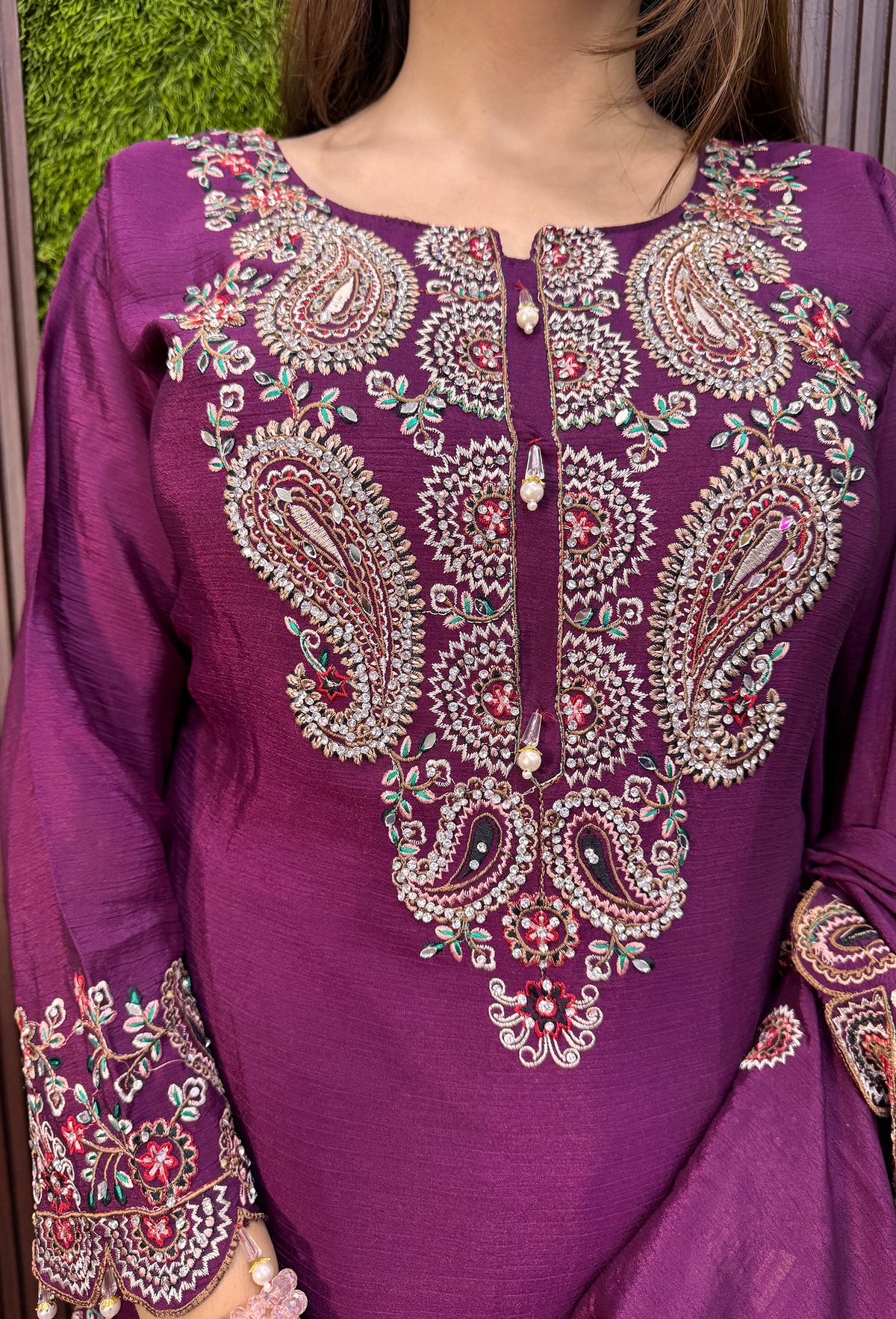 Designer Chinnon Silk Multi-Thread Embroidered Sharara Suit with Dupatta