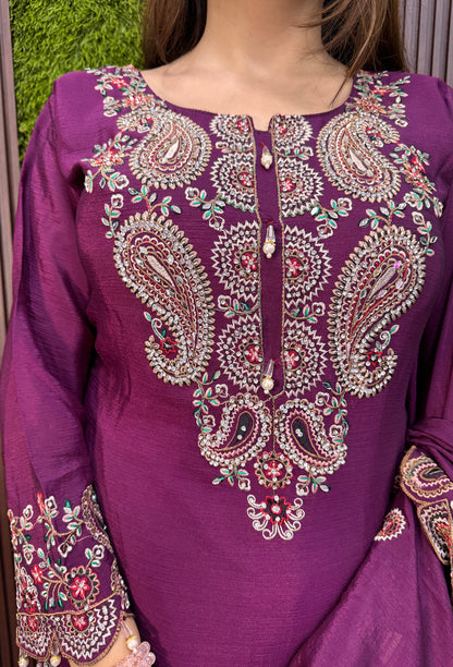 Designer Chinnon Silk Multi-Thread Embroidered Sharara Suit with Dupatta