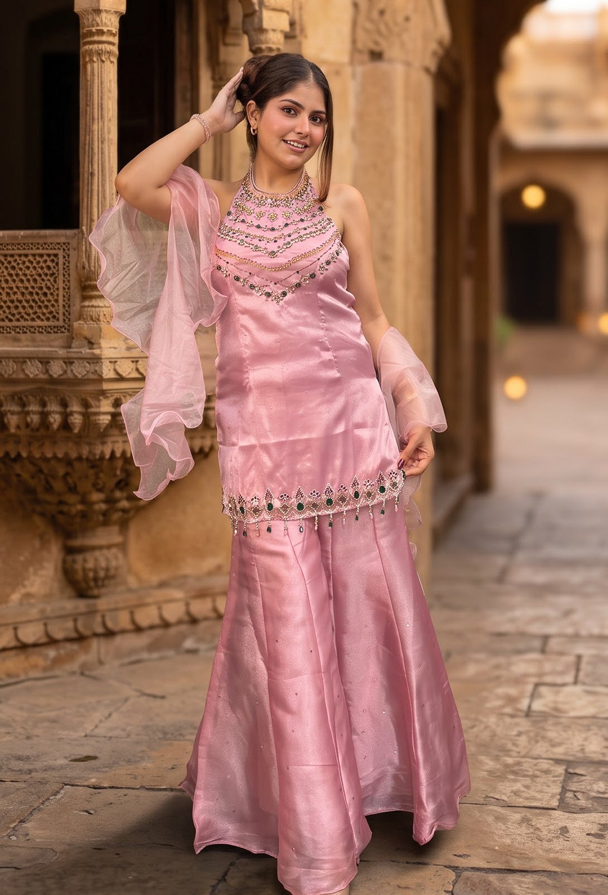 Organza Silk Halter Neck Sharara Suit with Stone Work & Ruffle Dupatta