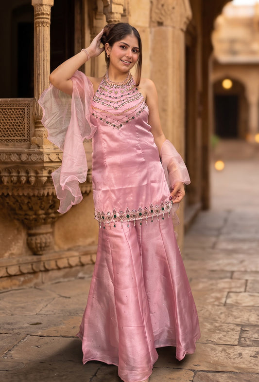 Organza Silk Halter Neck Sharara Suit with Stone Work & Ruffle Dupatta