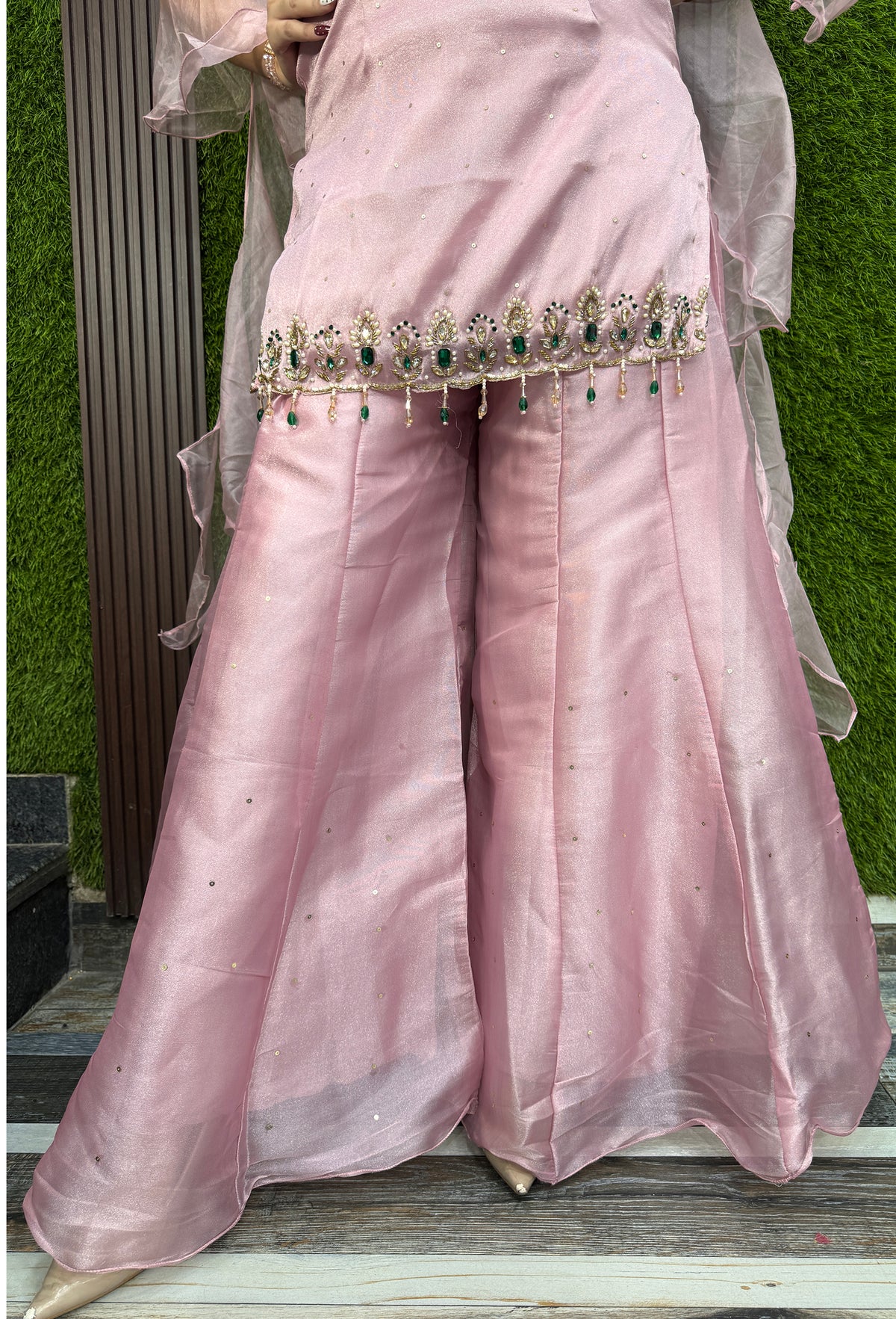 Organza Silk Halter Neck Sharara Suit with Stone Work & Ruffle Dupatta