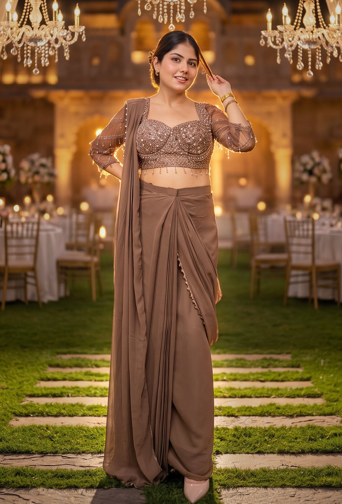 Ready-to-Wear Georgette Drape Saree with Full-Sleeve Hand Embellished Blouse