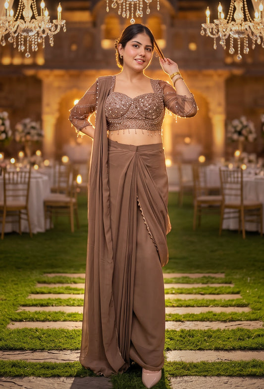 Ready-to-Wear Georgette Drape Saree with Full-Sleeve Hand Embellished Blouse