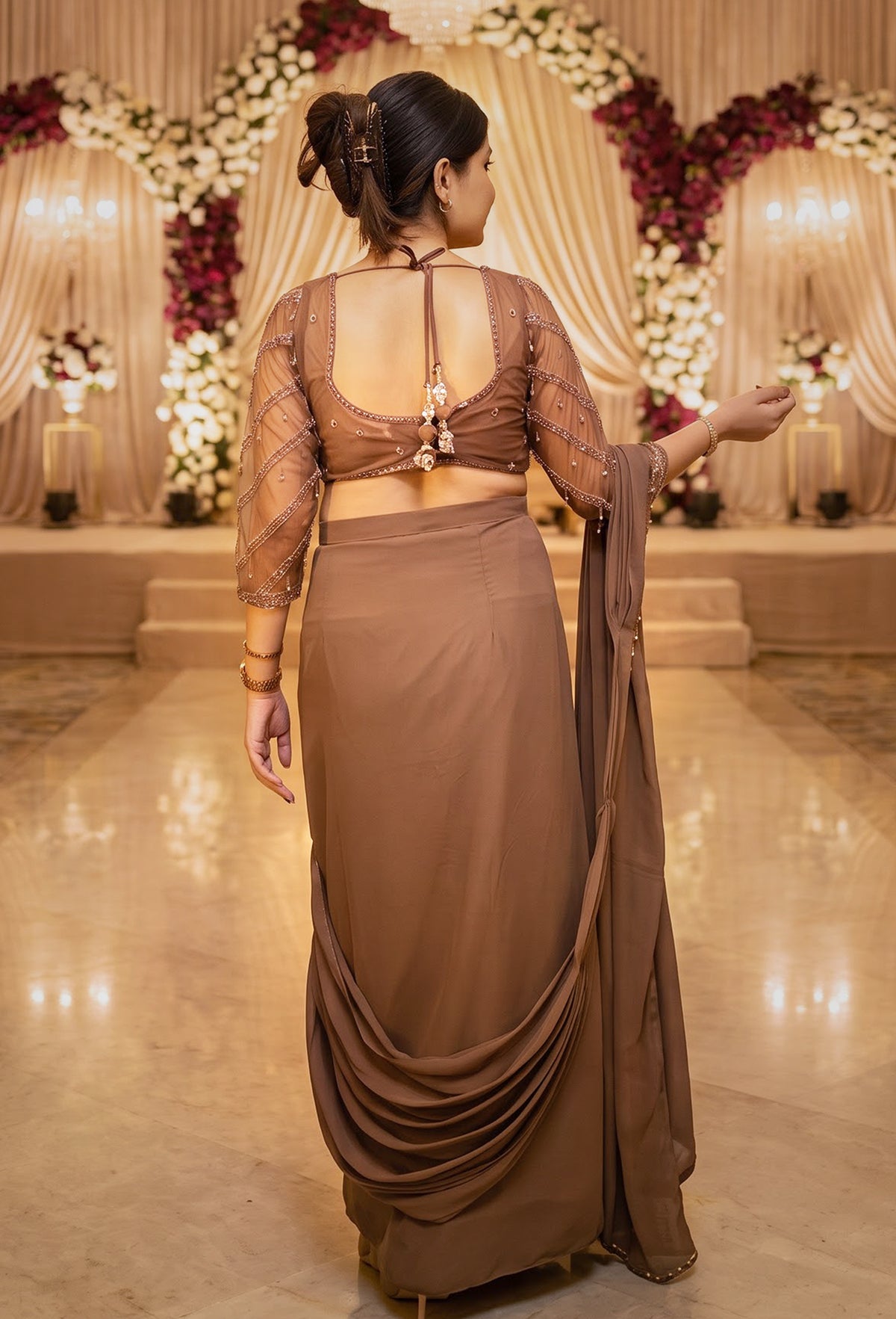 Ready-to-Wear Georgette Drape Saree with Full-Sleeve Hand Embellished Blouse