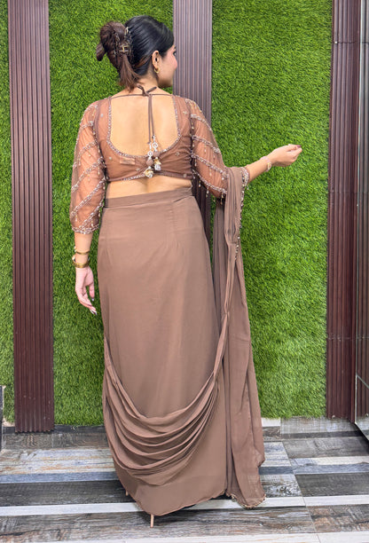 Ready-to-Wear Georgette Drape Saree with Full-Sleeve Hand Embellished Blouse