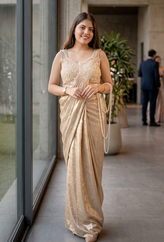 Ready-to-Wear Drape Saree with Pearl Beaded Palla