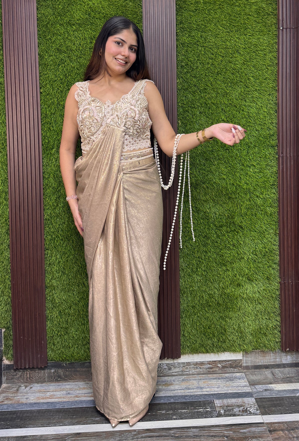 Ready-to-Wear Drape Saree with Pearl Beaded Palla
