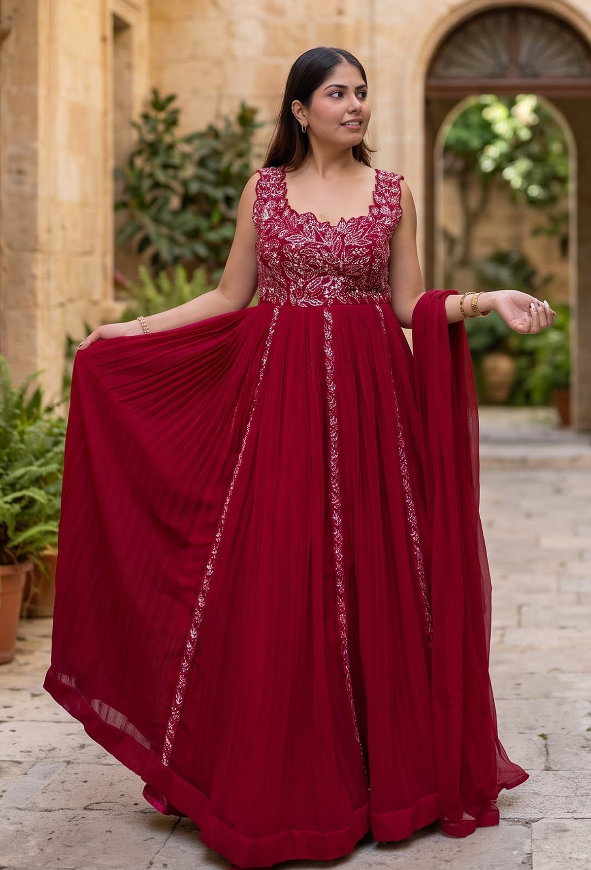 Designer Georgette Anarkali with Cutwork Neckline & Four-Side Bordered Dupatta