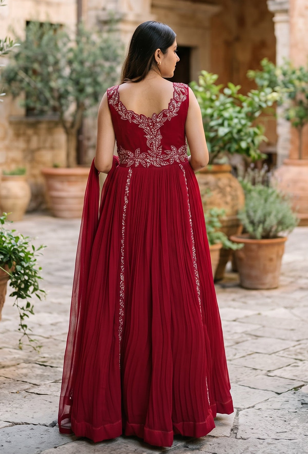 Designer Georgette Anarkali with Cutwork Neckline & Four-Side Bordered Dupatta